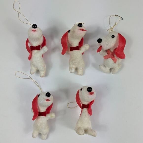 5 Vintage White Felted Snoopy Style Dog Christmas Tree Ornament Ears Tongue RARE - Picture 4 of 16